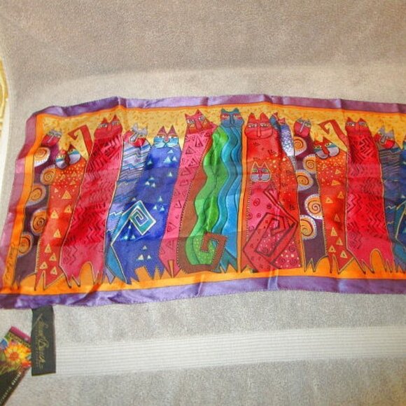 Vtg Laurel Burch Silk Scarf Fantastic Felines Rainbow Cat Kitty Art To Wear NWT - Picture 4 of 11